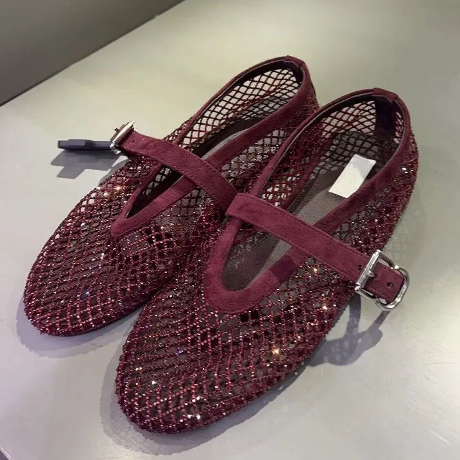Women Fishnet Ballet Flats Mary Jane Shoes Spring 2026 Casual Flats