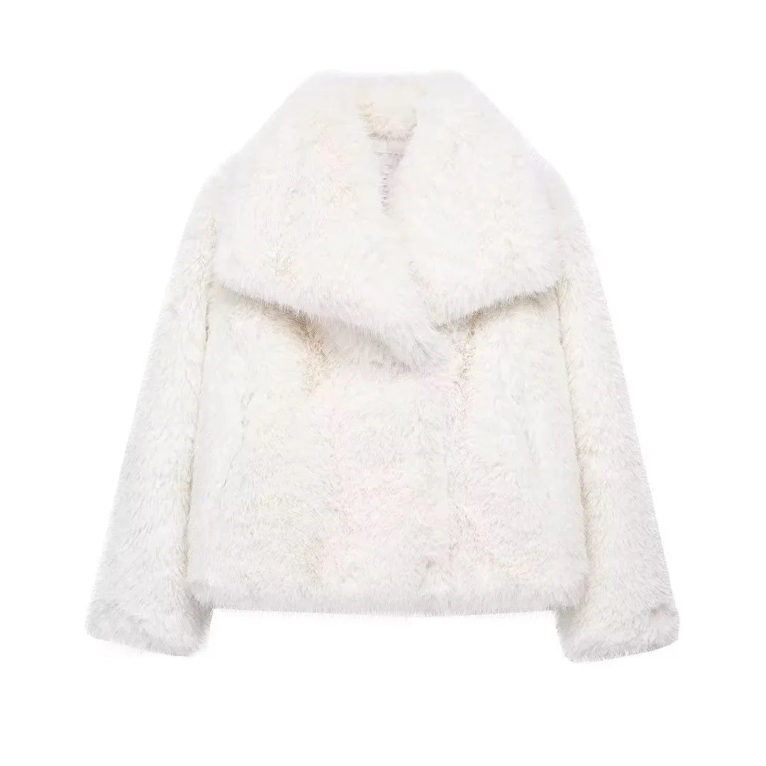 Women Brown Faux Fur Jacket Oversized Turn Down Collar Elegant Spring Summer Coat