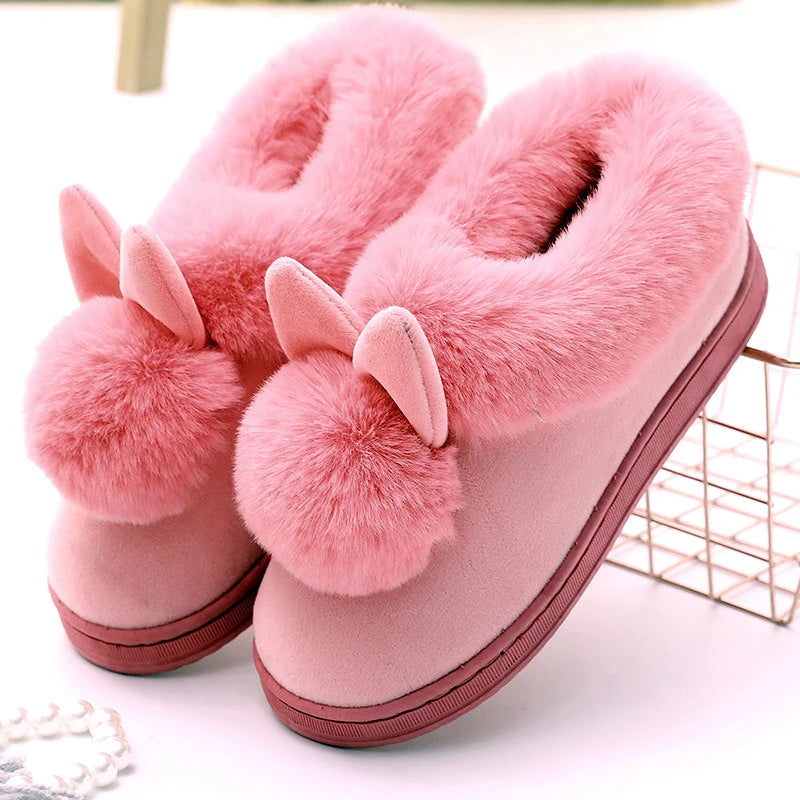 Winter Plush Slippers Thick Sole Couple Indoor Faux Rabbit Fur Closed Back House Shoes
