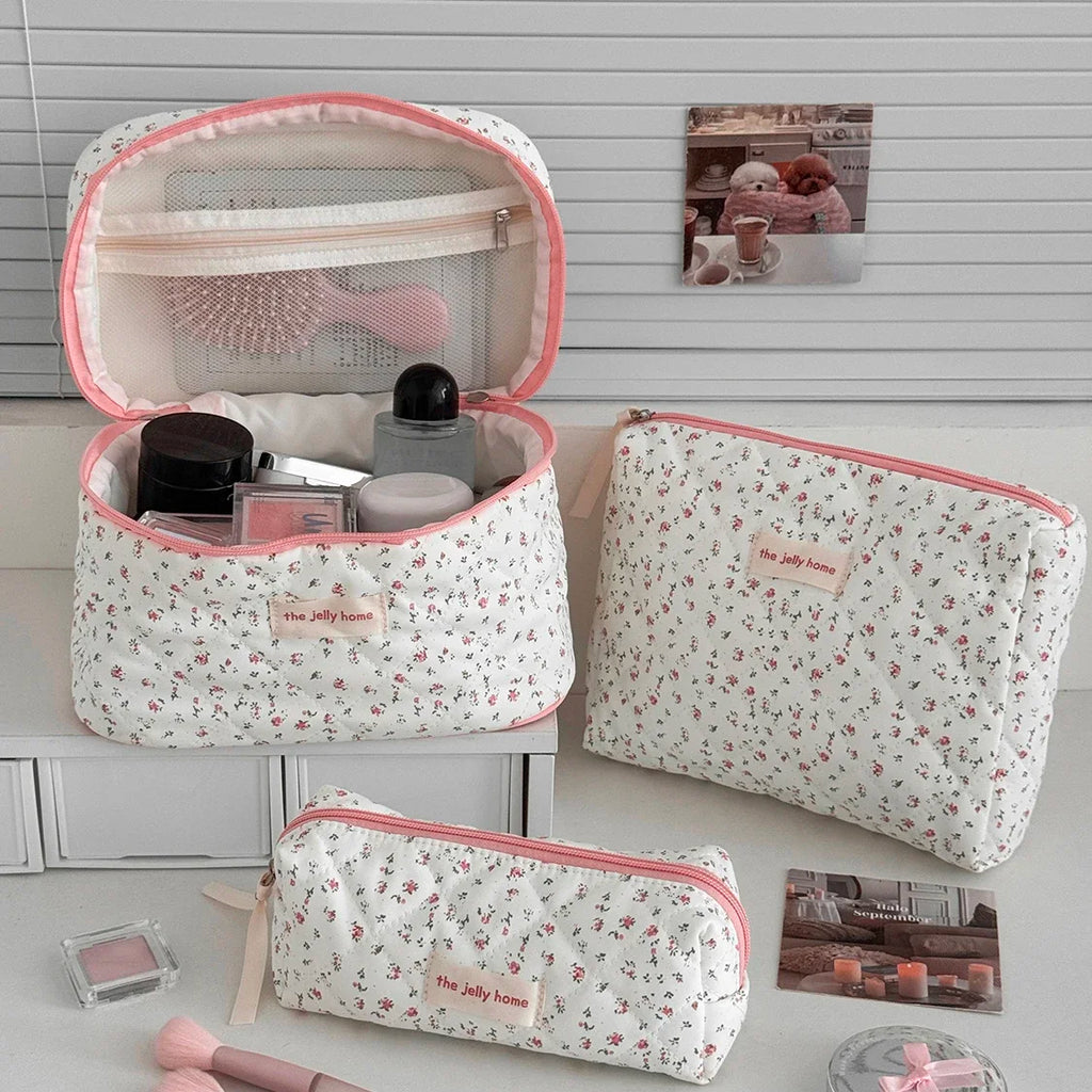 Pink Strawberry Quilted Cosmetic Travel Makeup Storage Bag