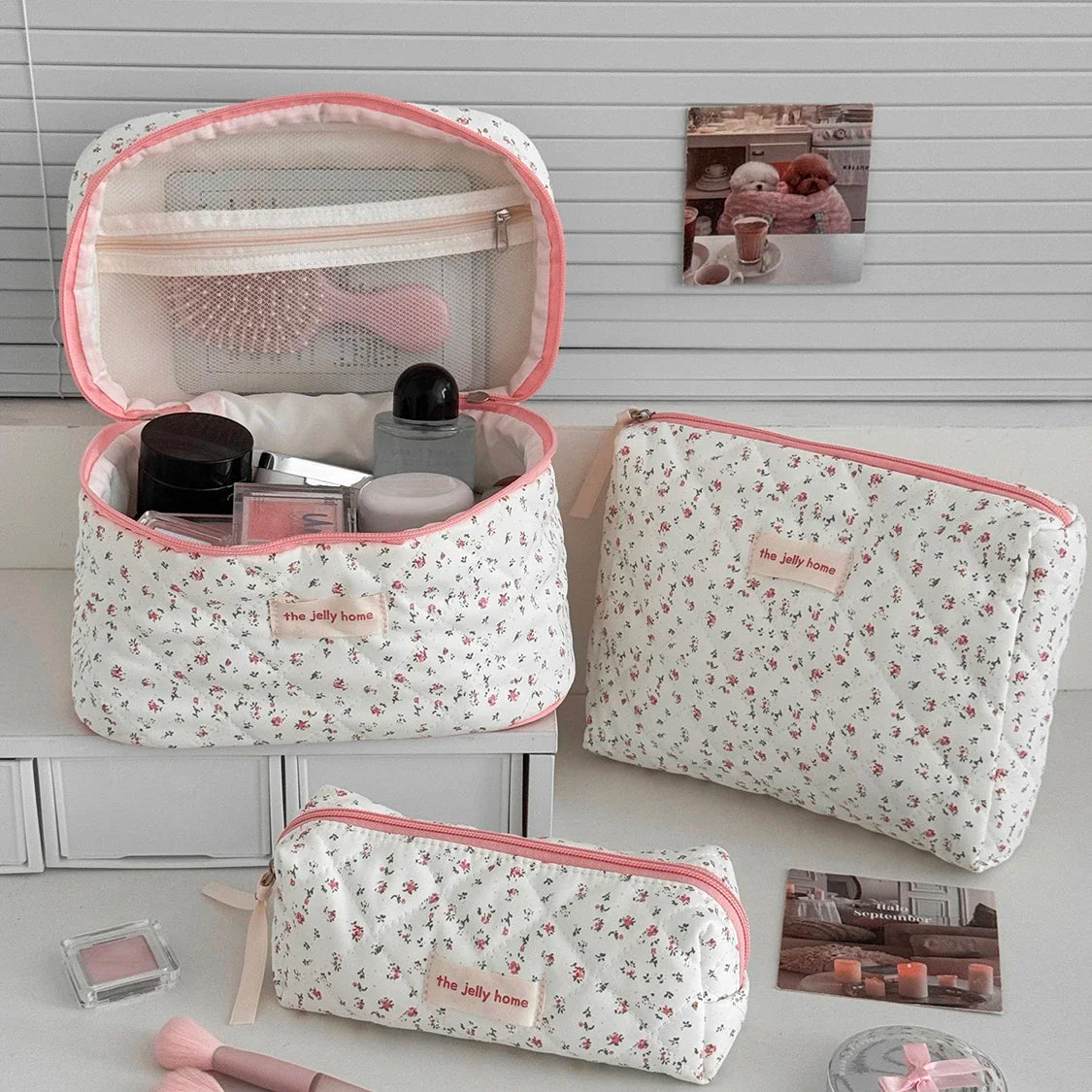 Pink Strawberry Quilted Cosmetic Travel Makeup Storage Bag