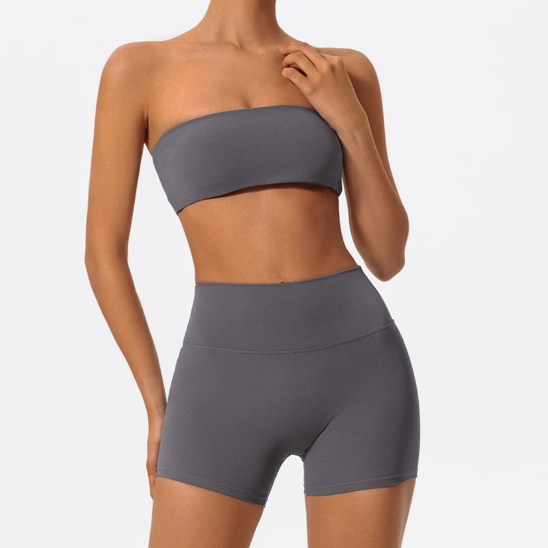 Strapless Gym Set Women Seamless Bandeau Sports Bra High Waist Shorts Workout Outfit