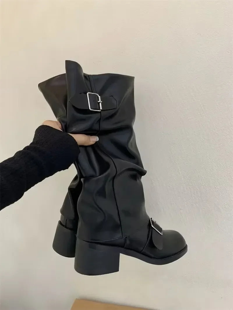 Women Knee High Platform Boots Chunky Heel Punk Gothic Leather Motorcycle Boots