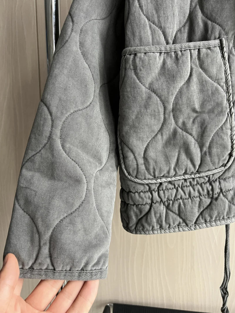 Women Quilted Padded Jacket High Collar Large Pocket Vintage Winter Coat