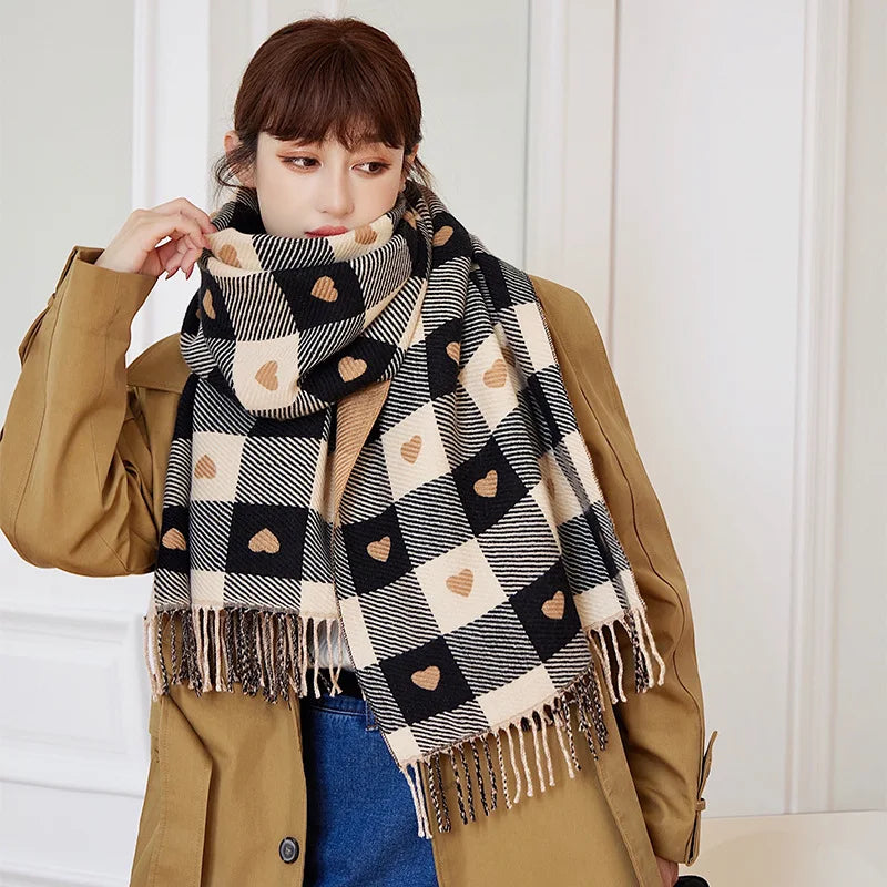 Women Heart Plaid Scarf Thick Winter Blanket Shawl Wrap