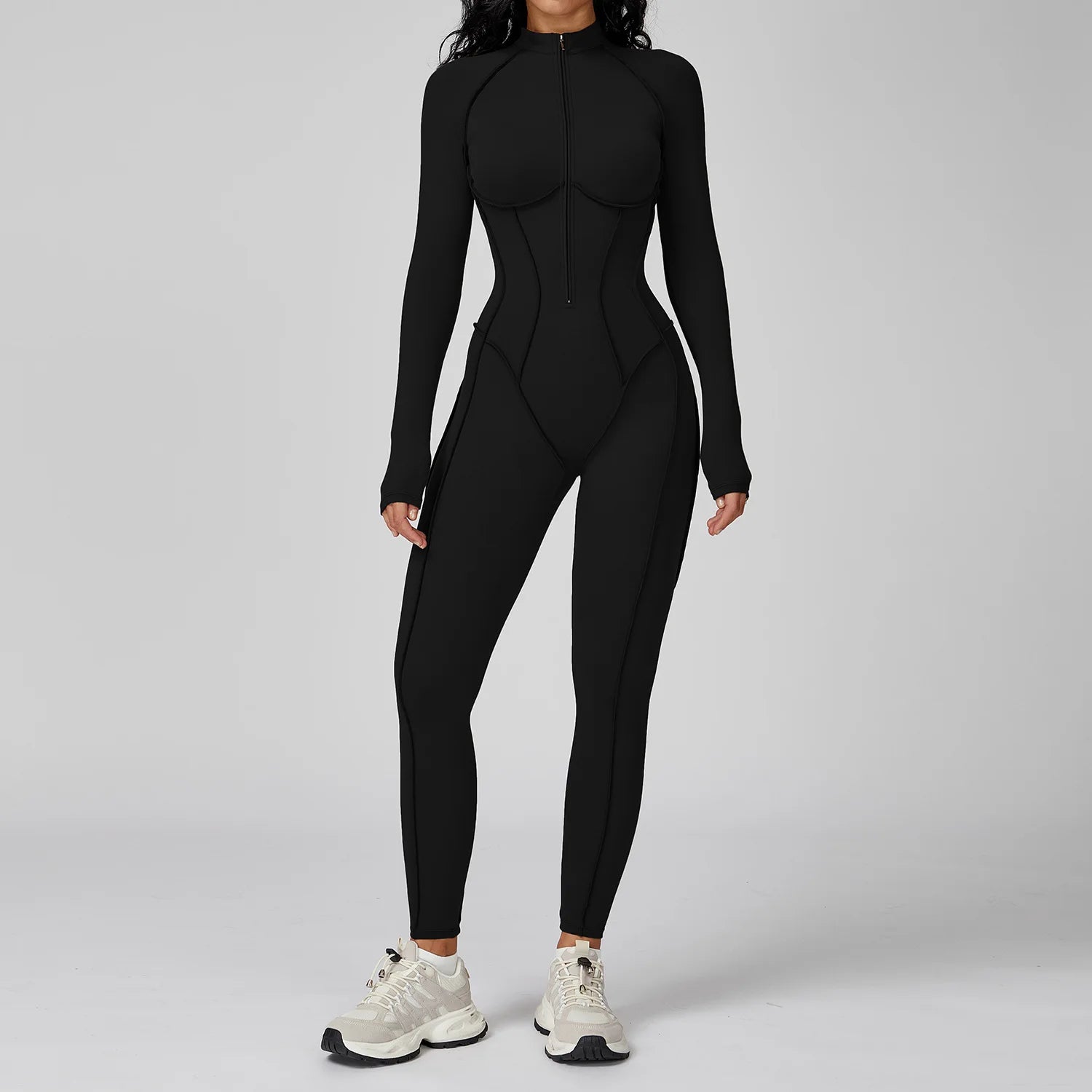 Women Long Sleeve Zip Front Fitness Jumpsuit Body Shaping One Piece Workout Suit