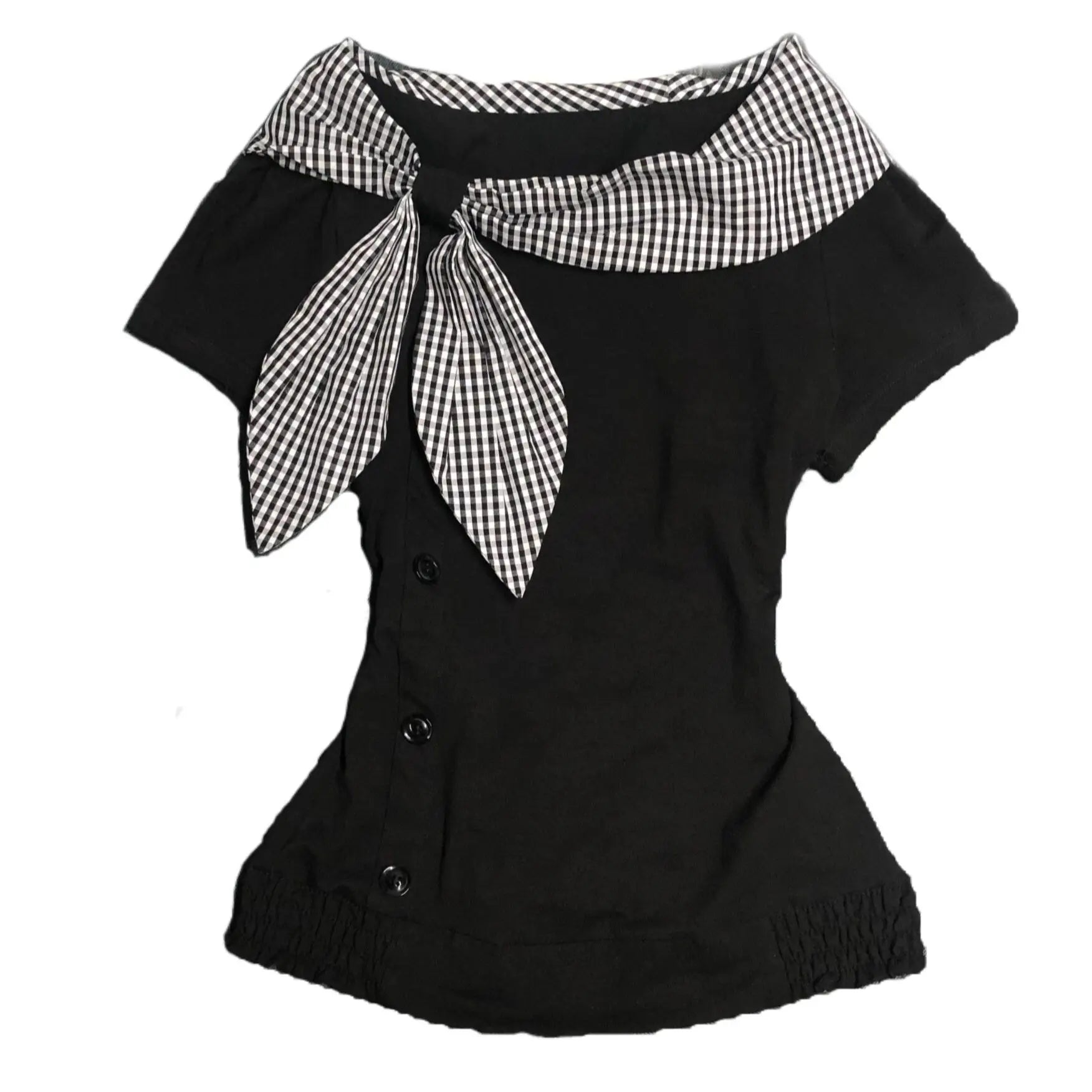 Women Y2K Cotton Irregular T Shirt Plaid Sailor Collar Kawaii Summer Top