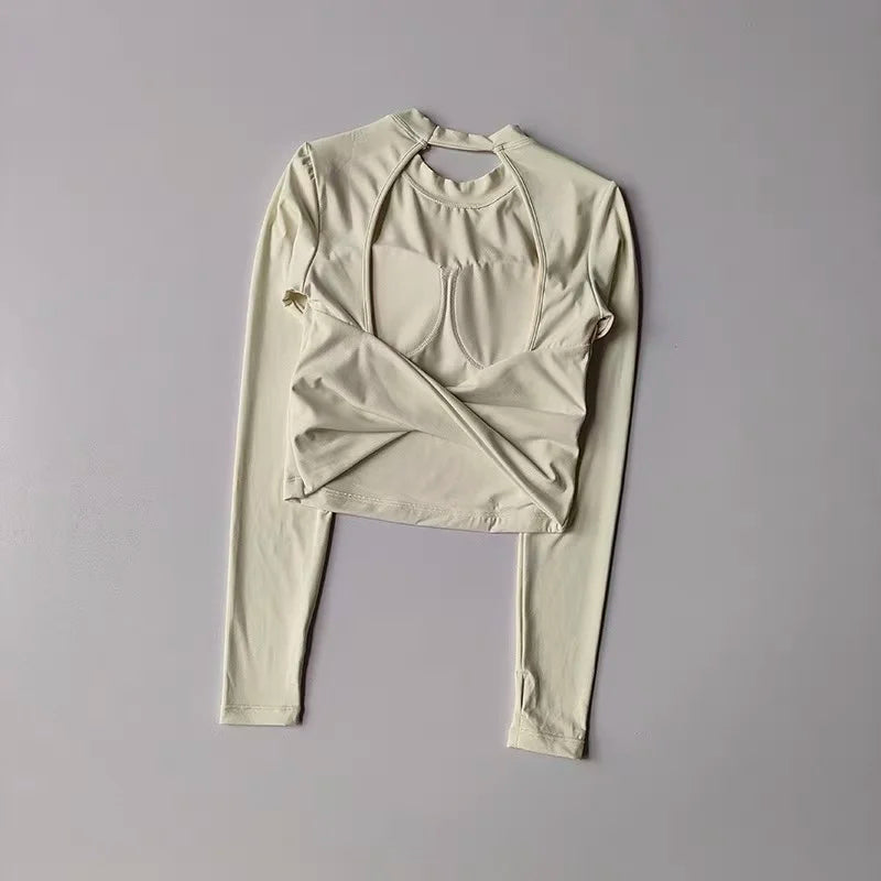 Women Yoga Long Sleeve Crop Top Backless Slim Fit Waist Cinch Fitness Shirt