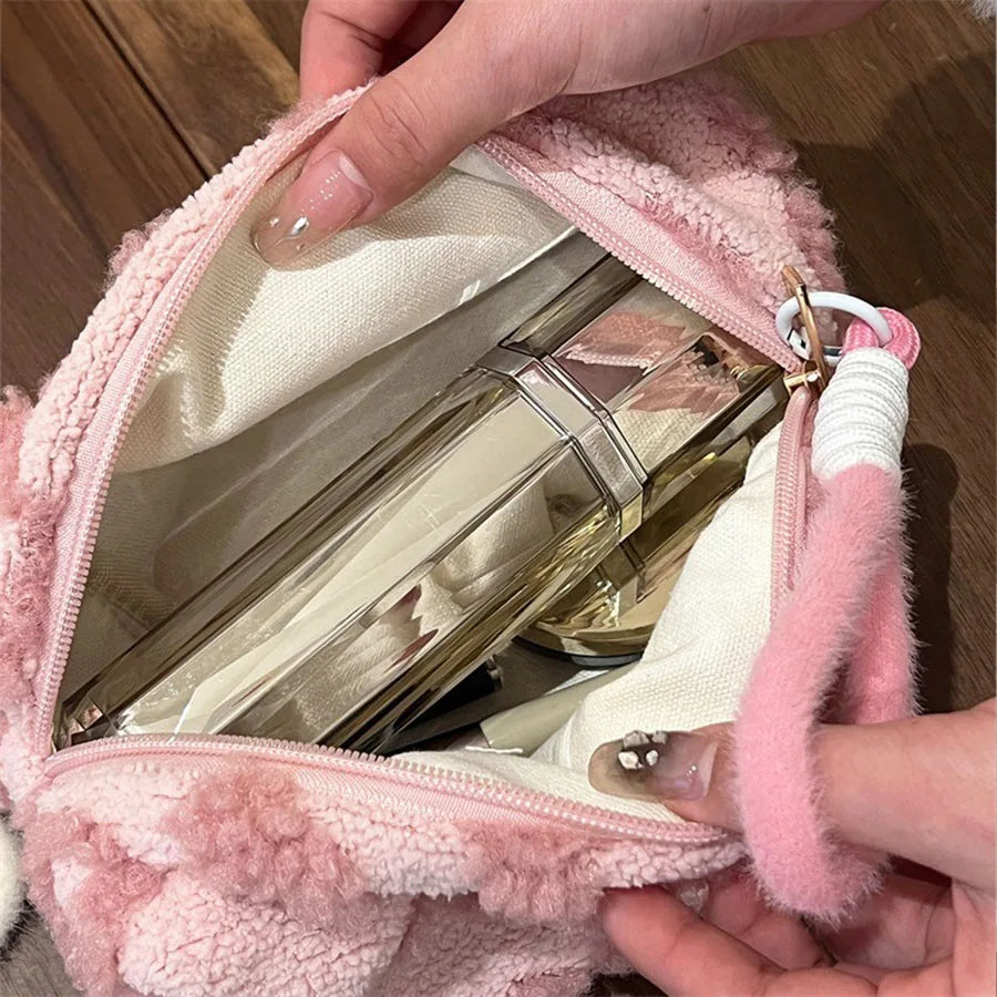 Plush Makeup Bag with Handle Travel Cosmetic Organizer Cute Love Print Storage Pouch