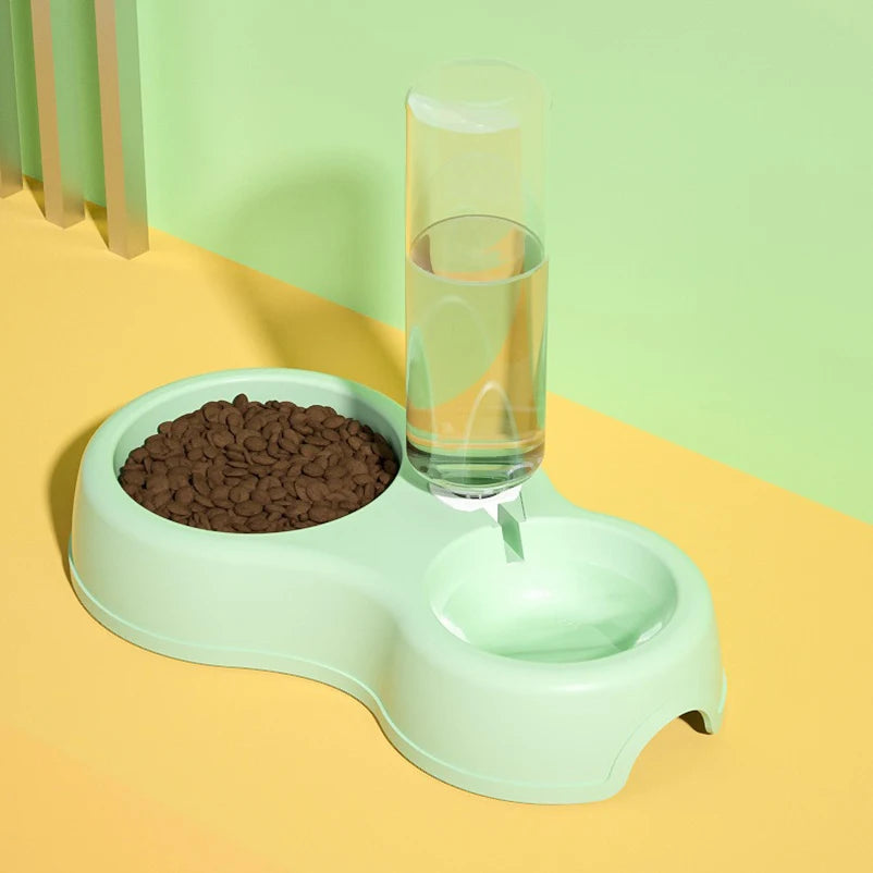 Pet Automatic Feeder Bowl with Water Dispenser Raised Double Dish for Dog Cat