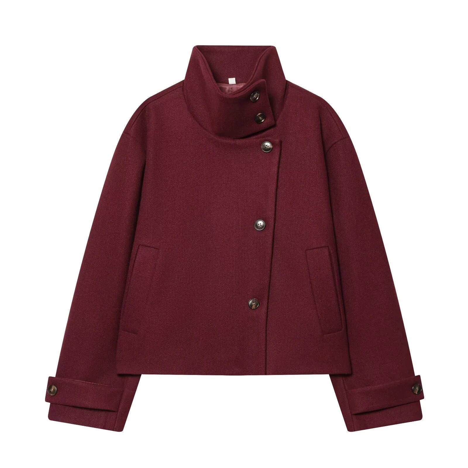 Women Loose Fit Stand Collar Coat Long Sleeve Buckle Casual Winter Jacket