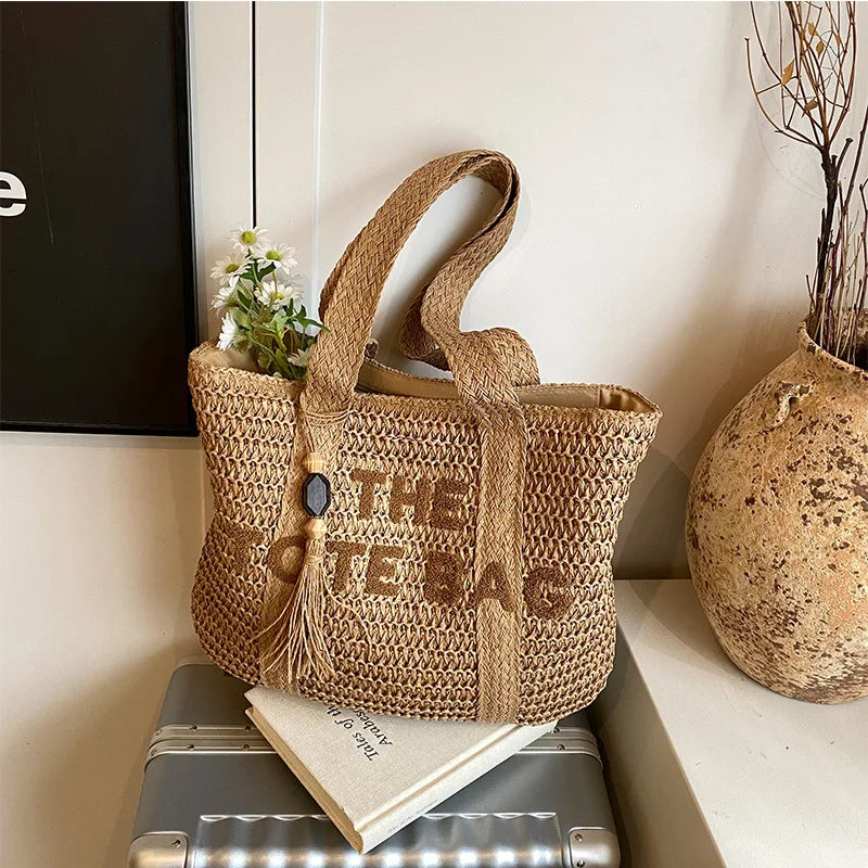 French Style Woven Straw Tote Bag Large Capacity Beach Shoulder Bag