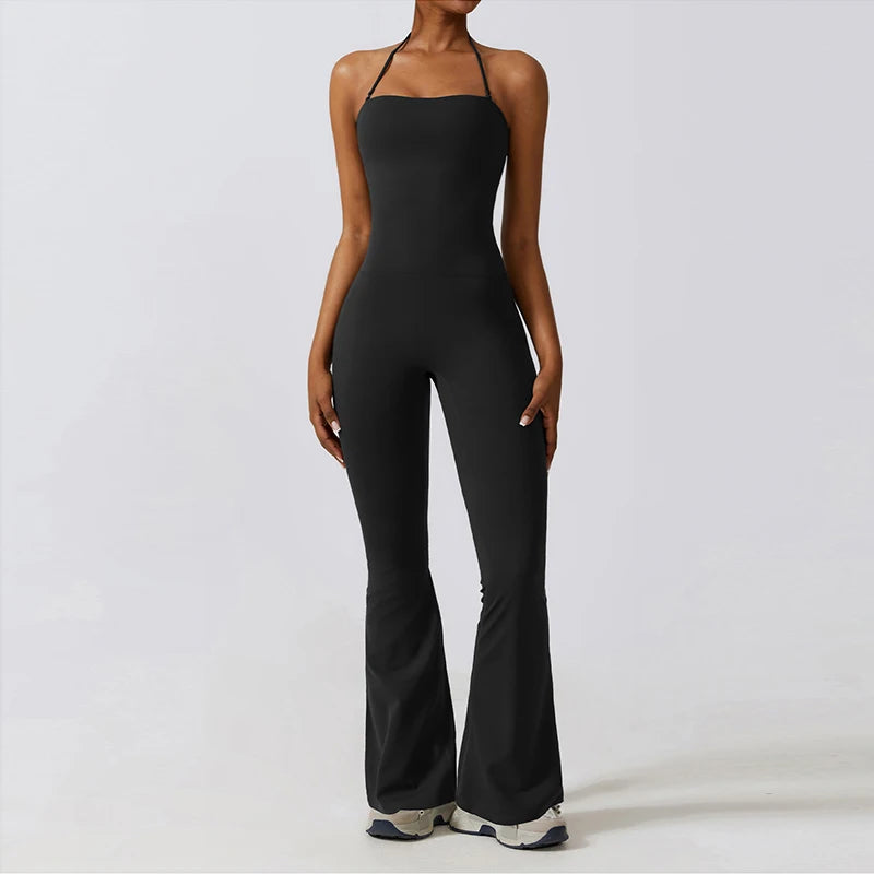 Women Sleeveless Yoga Jumpsuit Backless Flared Gym Sportswear Outfit