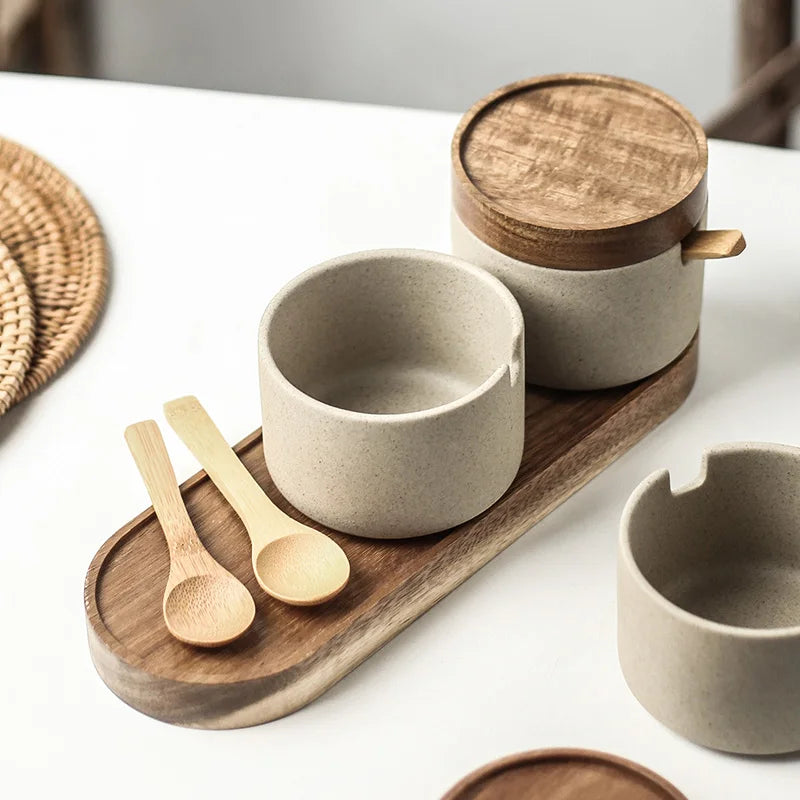Ceramic Seasoning Jar with Bamboo Lid Spoon Japanese Spice Container Kitchen Storage
