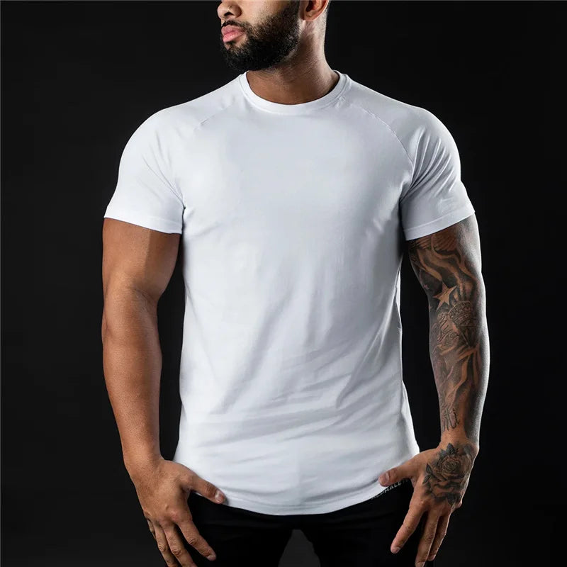 Men Gym Cotton T Shirt Slim Fit O Neck Short Sleeve Workout Fitness Tee