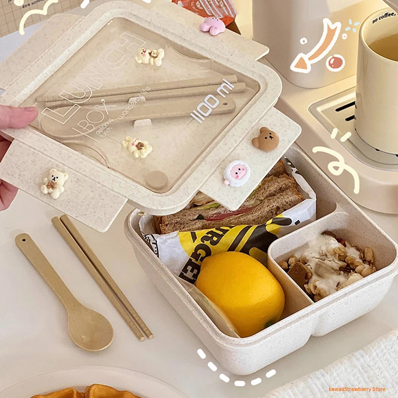 1100ml Lunch Box Bento Box with Spoon & Chopsticks Microwave Safe Wheat Straw Food Container for Kids Adults School Office