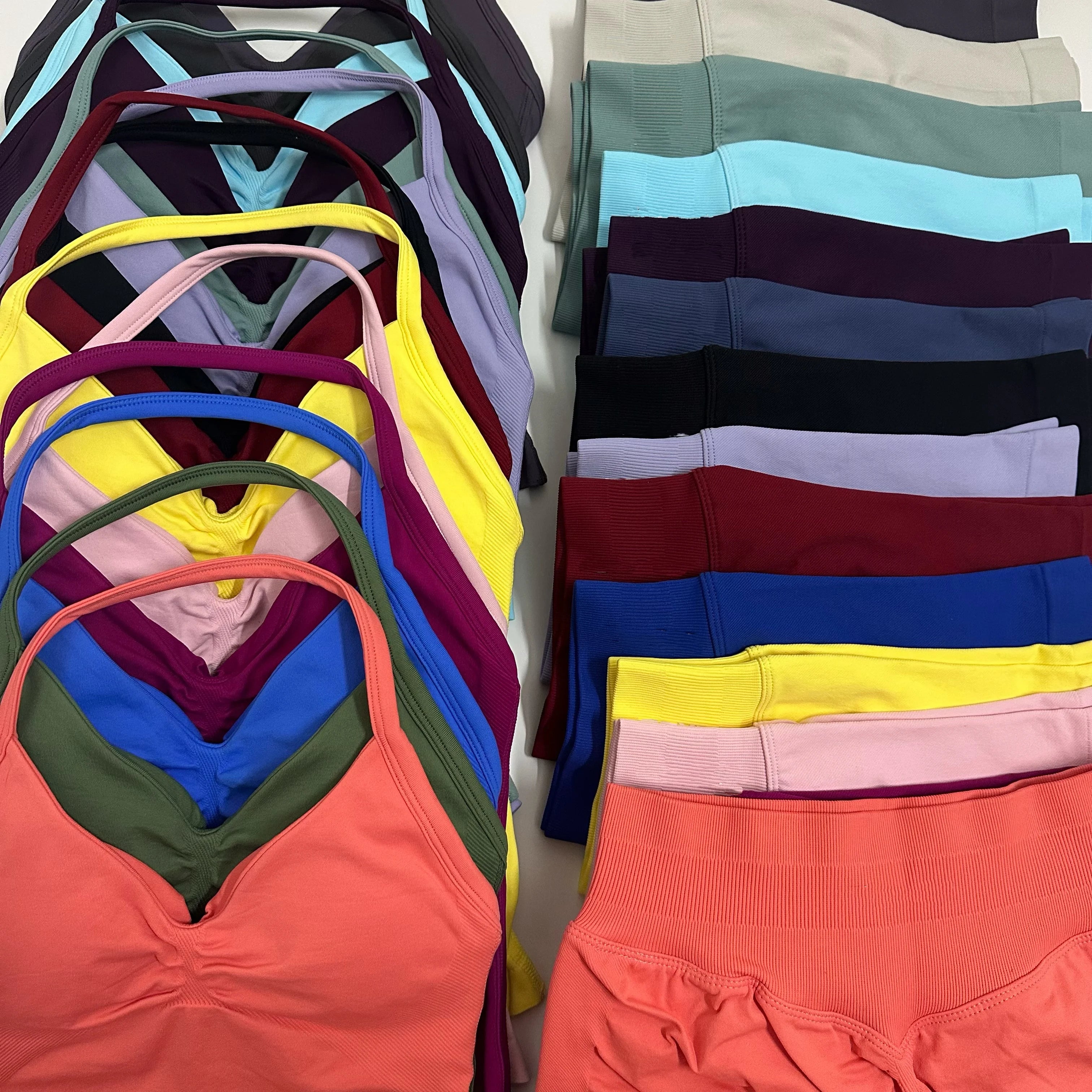 Seamless Yoga Set Women Strappy Tank Top Scrunch Shorts Gym Workout Outfit
