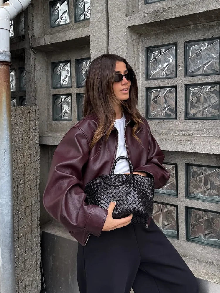 Women Wine Red Faux Leather Short Jacket Lapel Zipper Long Sleeve Retro Autumn Coat