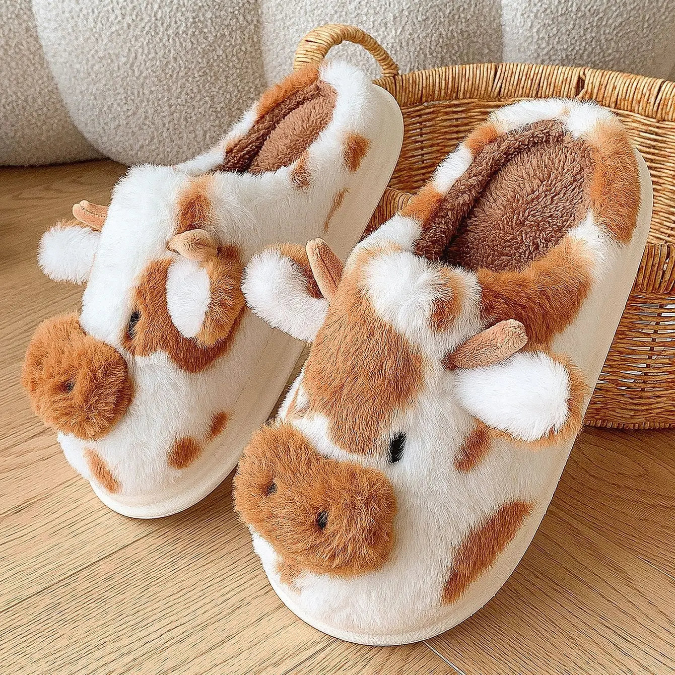 Cow Milk Fuzzy Slippers Women Winter Plush Soft Cozy Cartoon House Bedroom Shoes