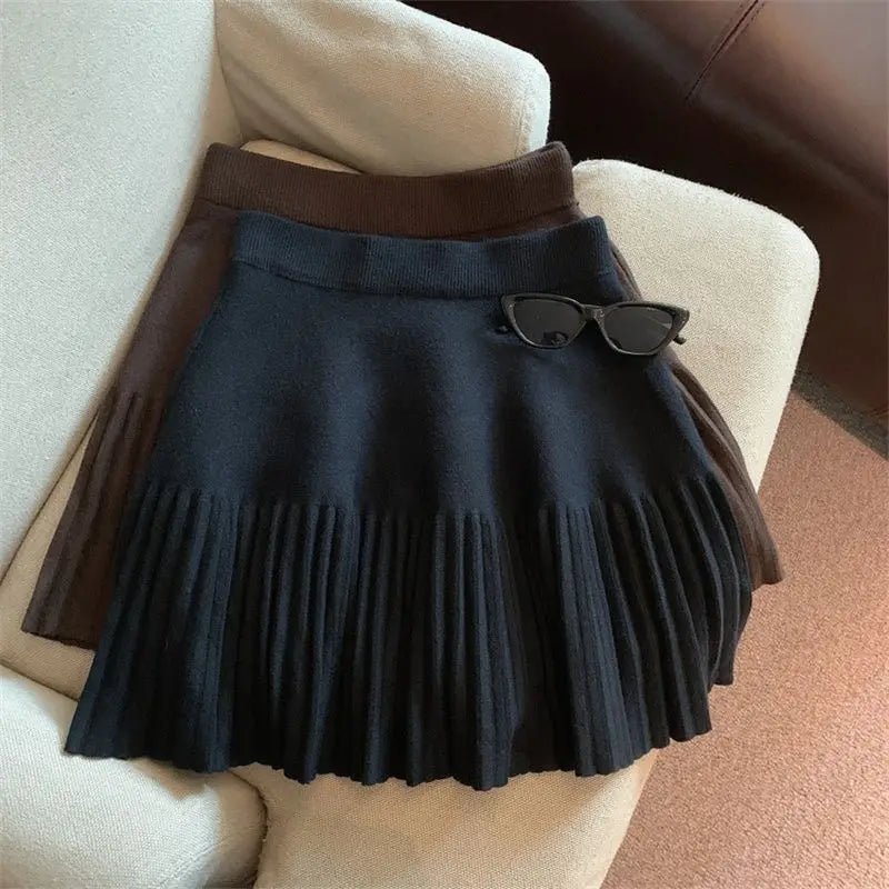 Women Pleated Mini Skirt Elastic Waist Knit Korean Style Casual Skirt