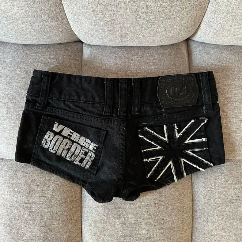Women Y2K Black Graphic Denim Shorts Slim Fit Hip Hop Streetwear Gothic Mini Shorts