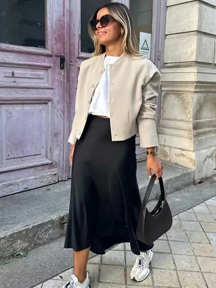 Women High Waist Satin Midi Skirt Elegant Office Summer Skirt