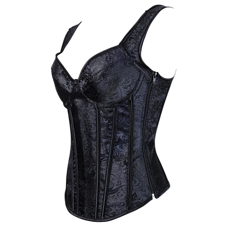 Women Black Floral Jacquard Corset Bustier Top