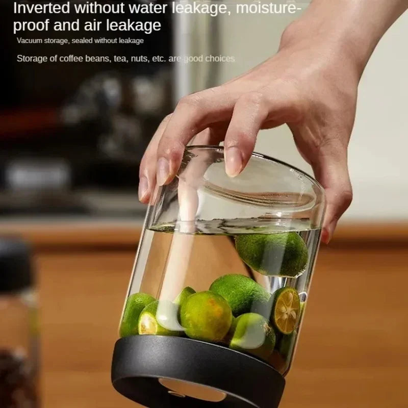 Glass Coffee Bean Storage Jar Vacuum Sealed Moisture Proof Black Lid Canister