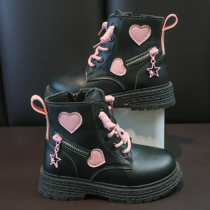 Girls Pink Love Side Zip Winter Boots Soft Sole PU Princess Shoes