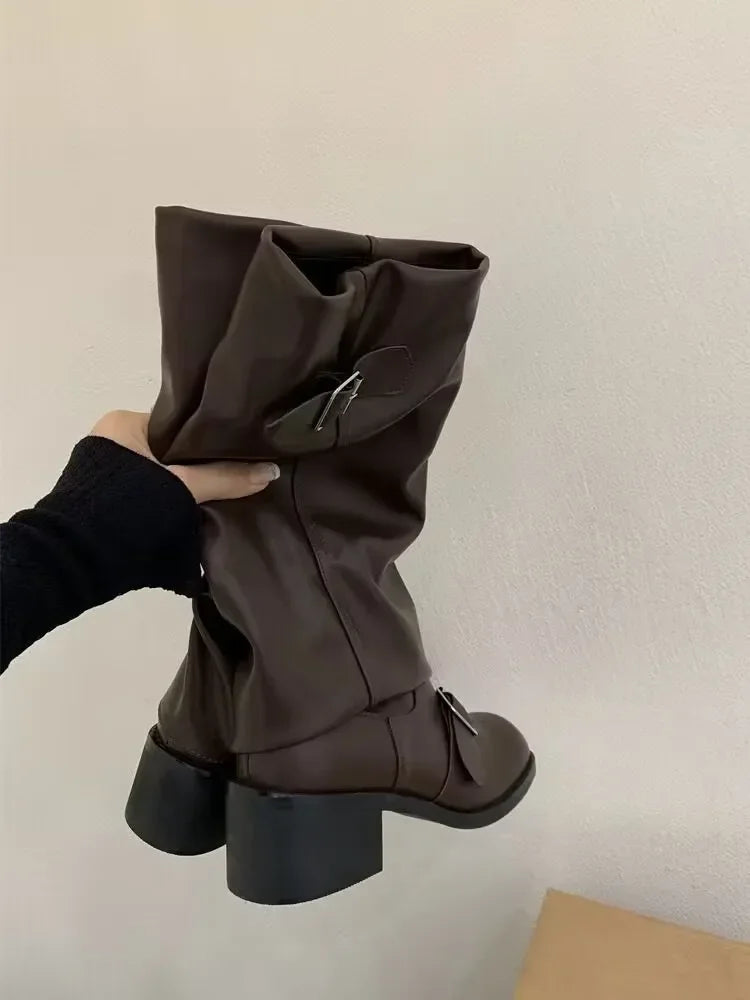 Women Knee High Platform Boots Chunky Heel Punk Gothic Leather Motorcycle Boots