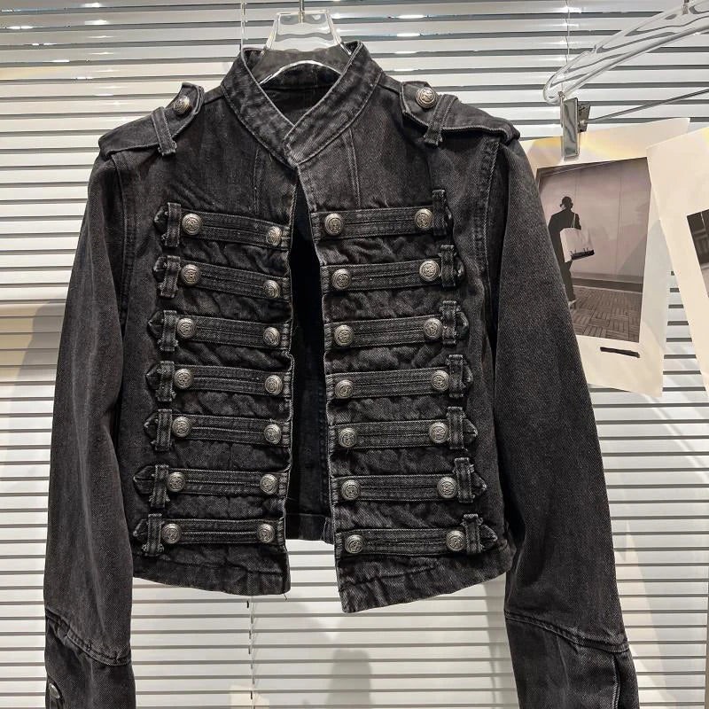Vintage Washed Punk Denim Jacket for Women Stand Collar Coat