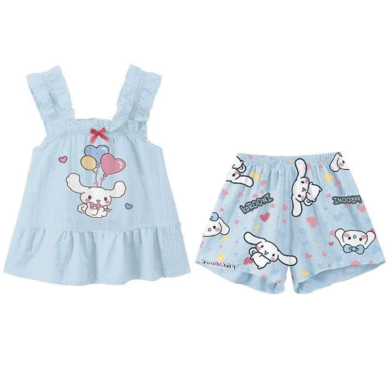 Girls Cute Cat Cartoon Sleeveless Pajama Set Lightweight Summer Homewear