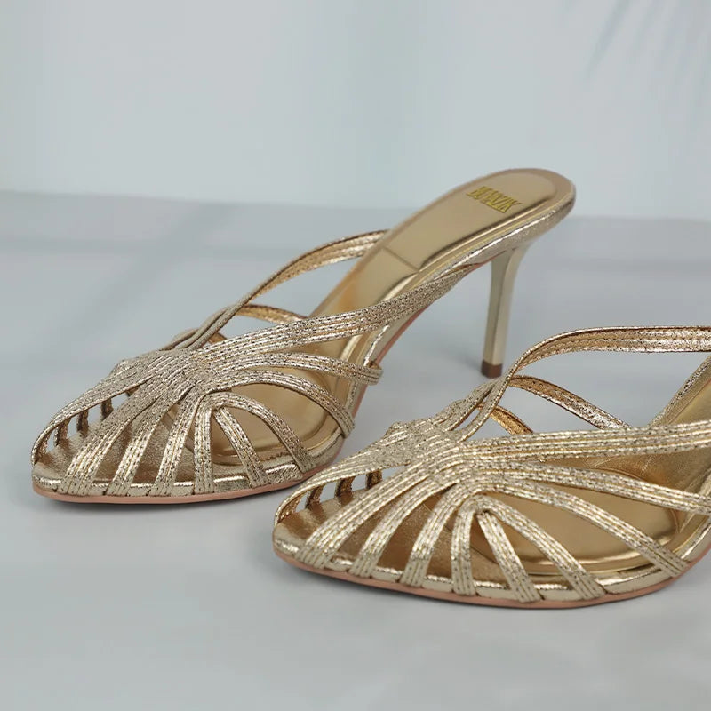 Gold Pointed Toe Mule Heels for Women Stiletto Sandals