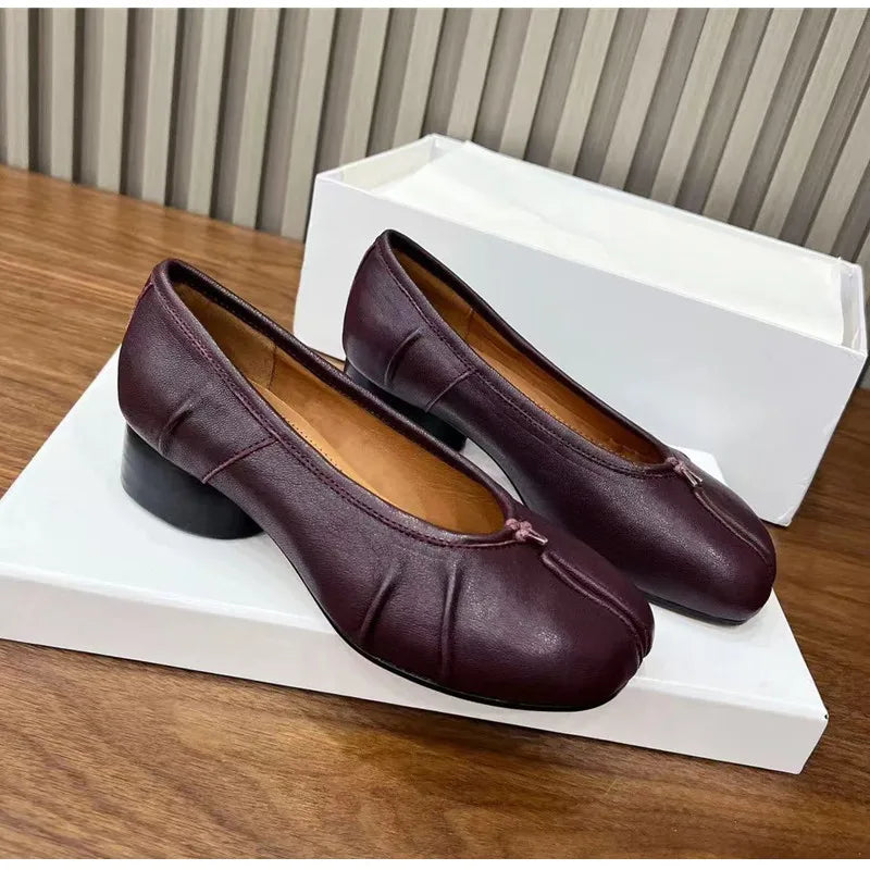 Women Tabi Split Toe Pumps Microfiber Leather Low Heel Pleated Loafers Casual Shoes Summer