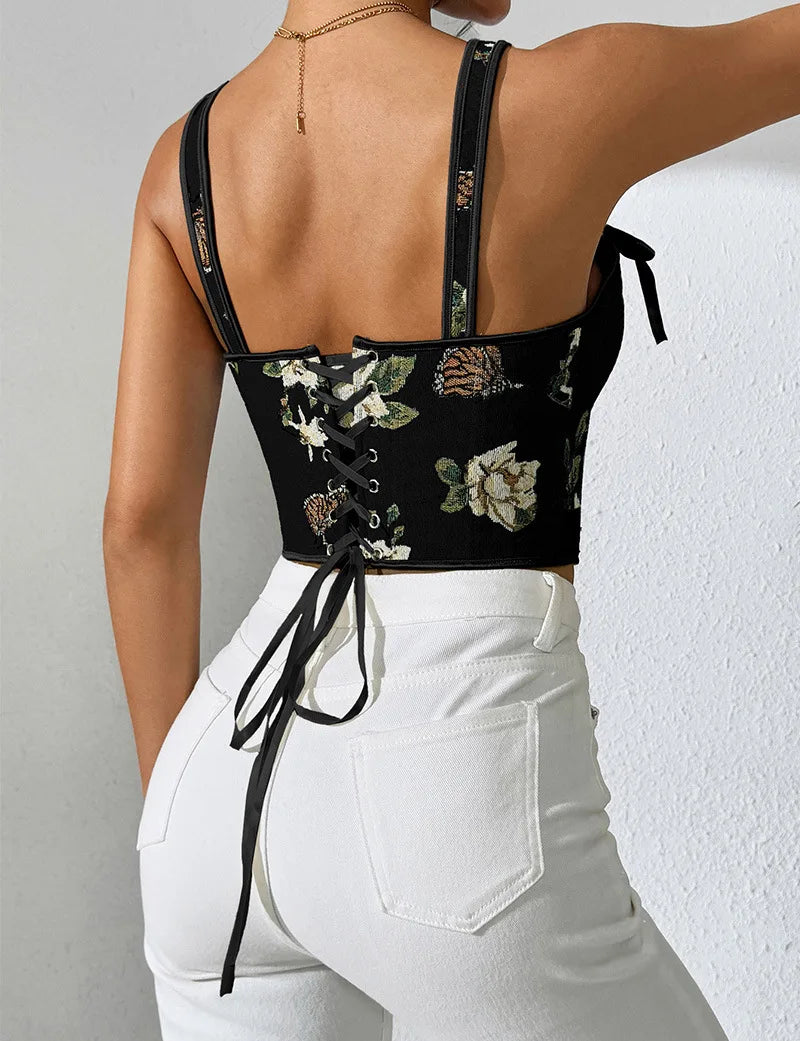 Women’s Floral Corset Bra Top French Style Double Strap Retro Vest