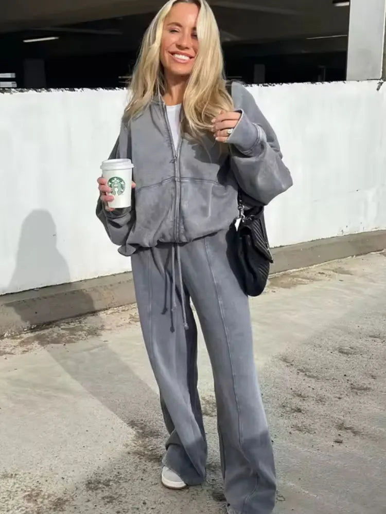 Women Two Piece Set Retro Bomber Jacket and High Waist Wide Leg Pants Streetwear Outfit
