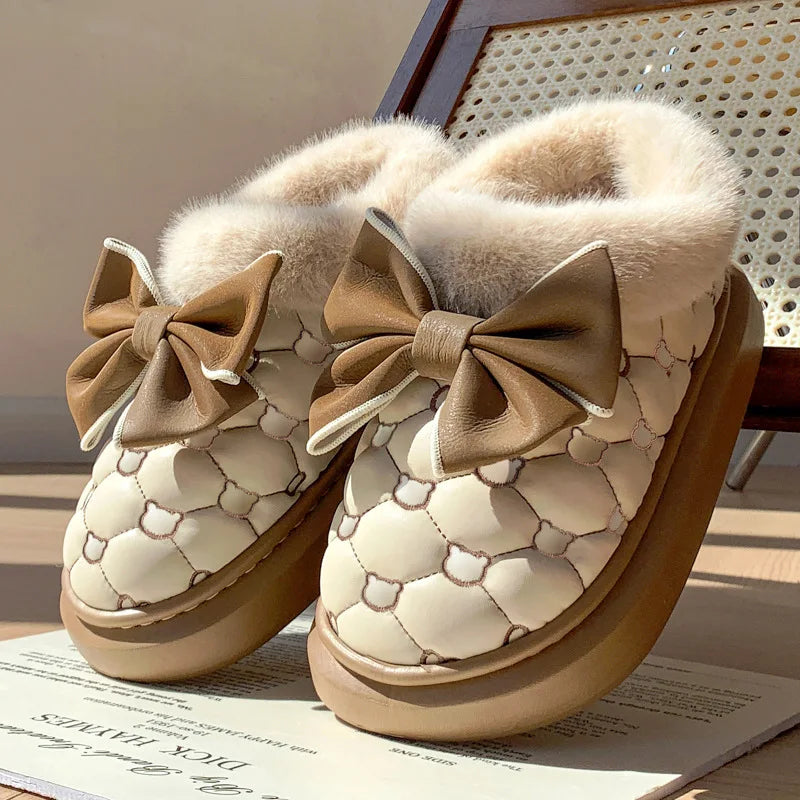Women Winter Platform Ankle Boots Fluffy Indoor Slippers Bow Warm House Shoes