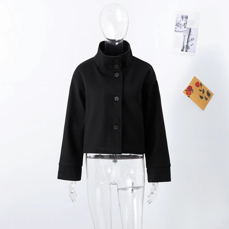 Women Stand Collar Wool Blend Jacket Loose Zip Up Coat