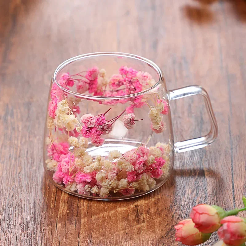 200ml Double Wall Flower Glass Mug with Handle for Coffee and Milk Tea