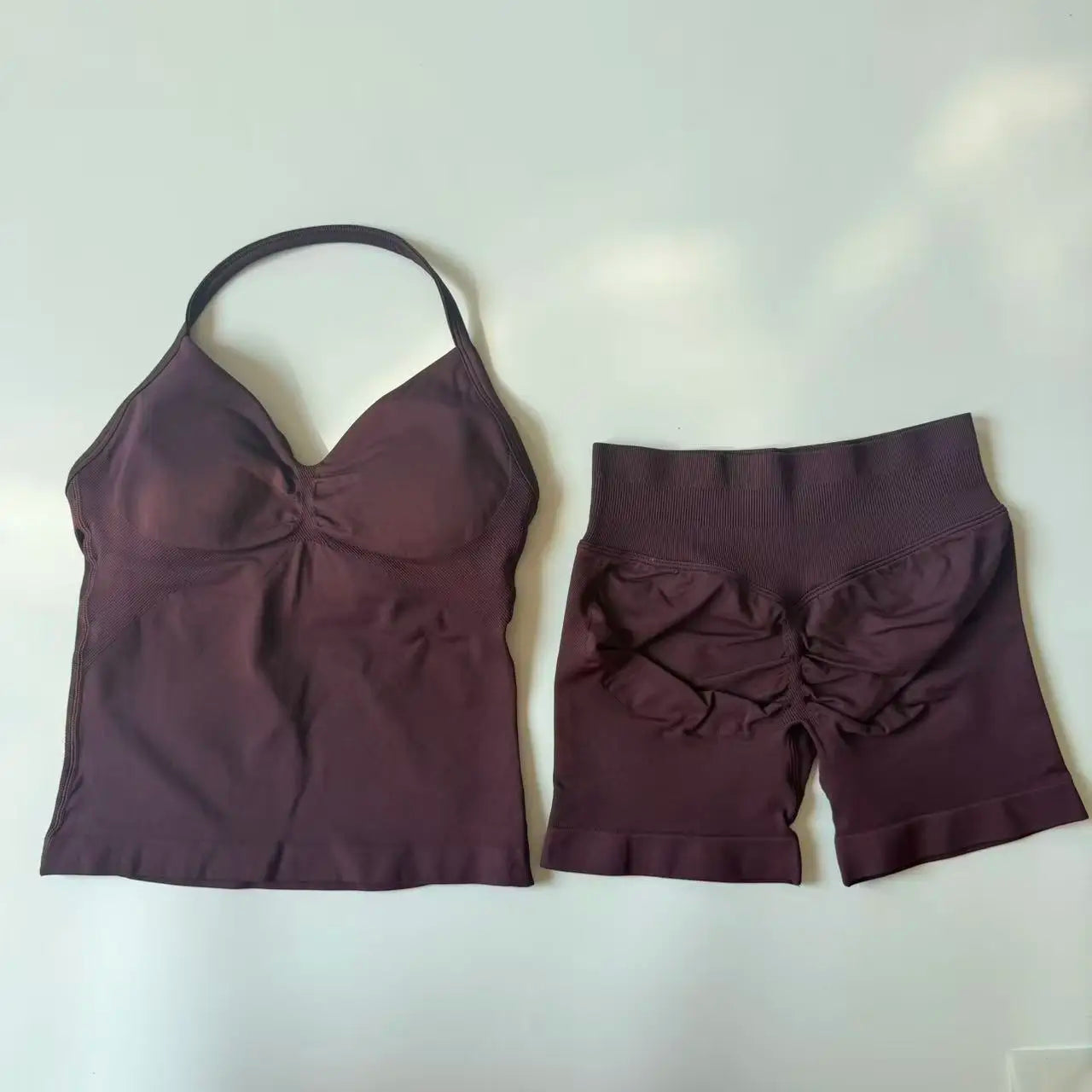 Seamless Yoga Set Women Strappy Tank Top Scrunch Shorts Gym Workout Outfit