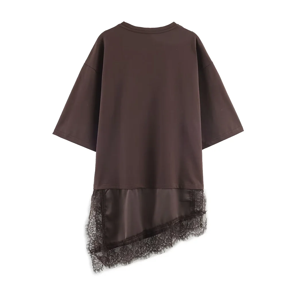 Women Asymmetric Lace T Shirt Slim Fit Round Neck Short Sleeve Fashion Top