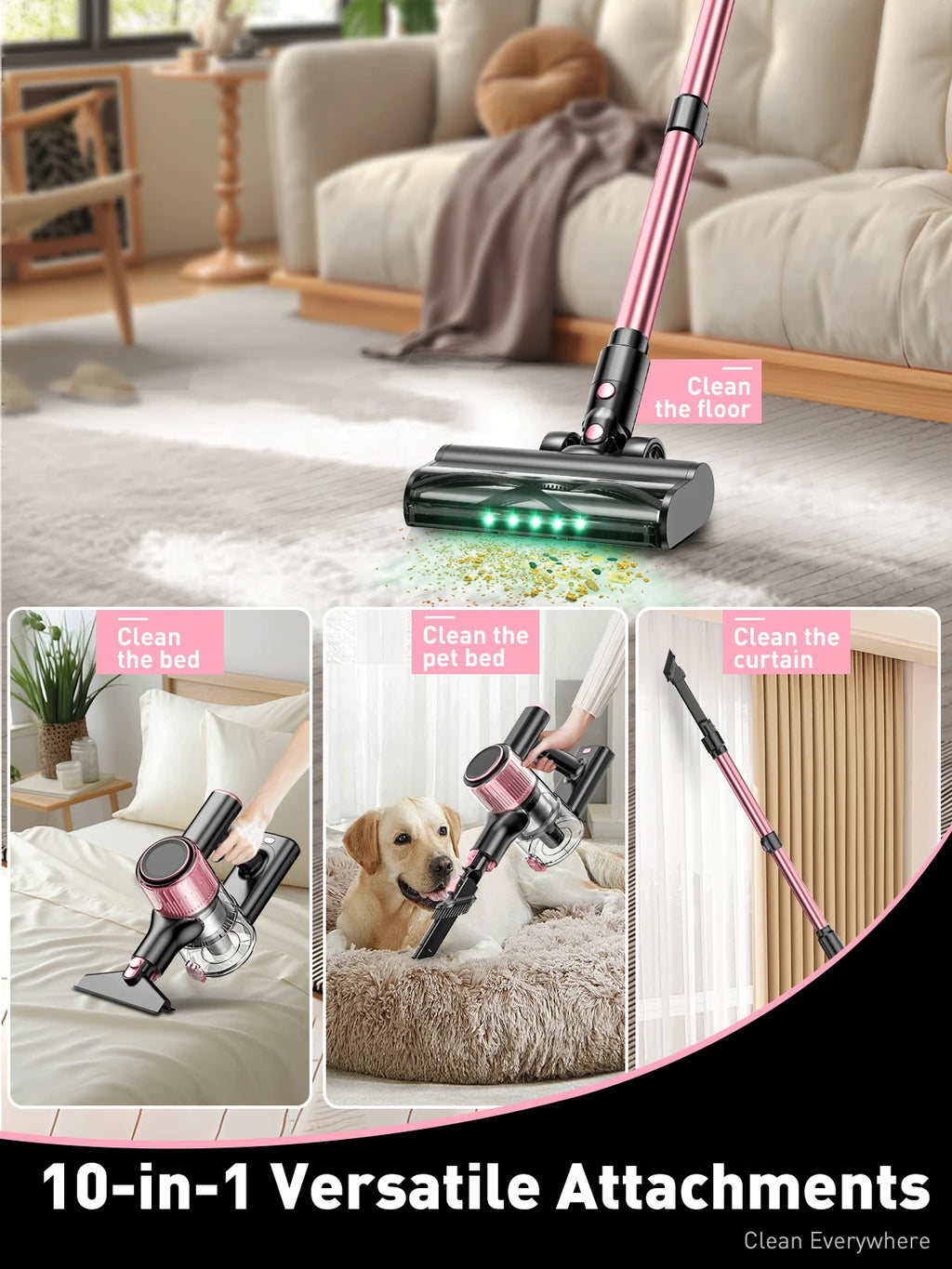 Cordless Stick Vacuum Cleaner 500W 55Kpa 45min Powerful for Pet Hair Carpet