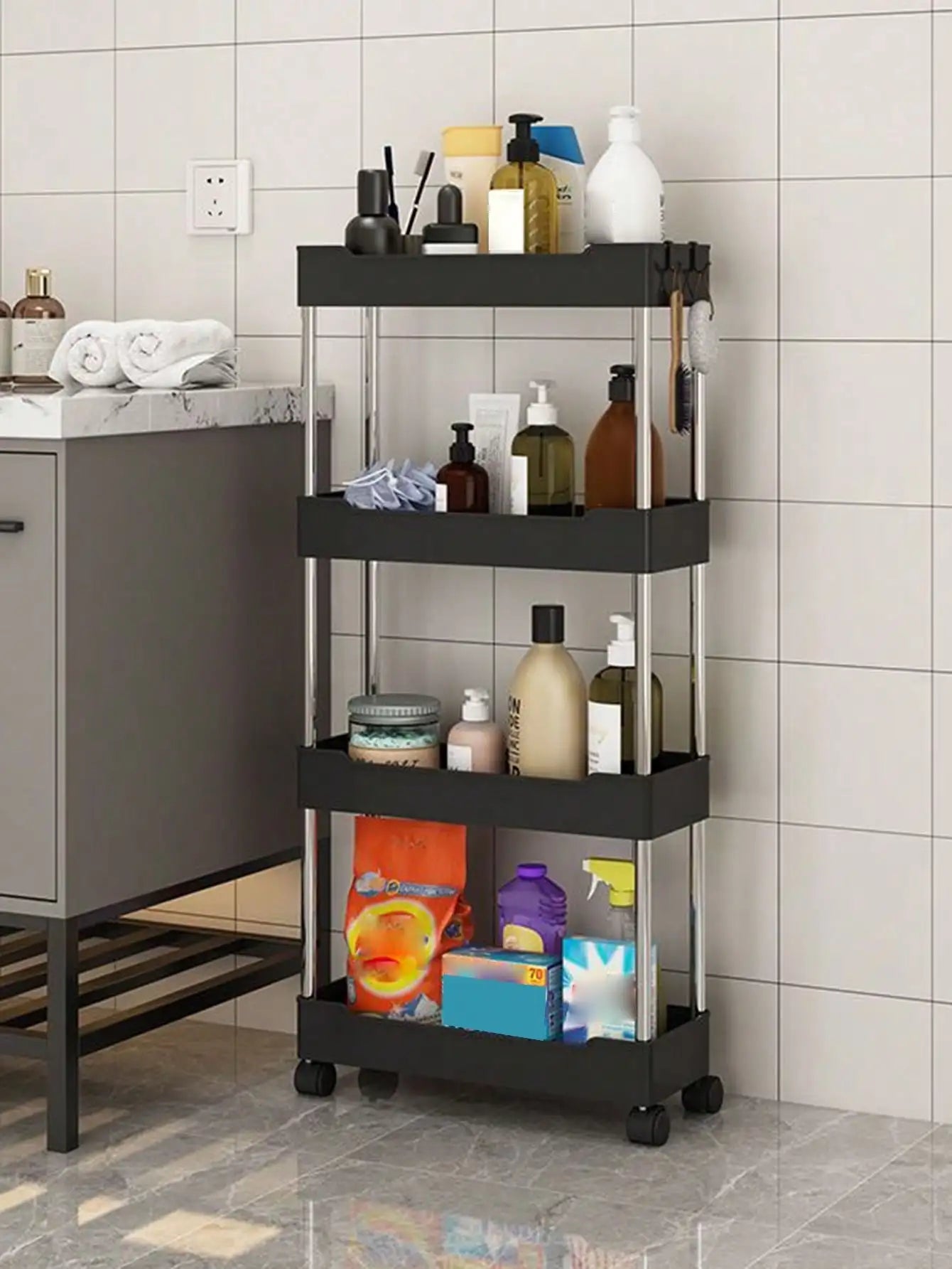 3/4 Tier Rolling Utility Cart Slim Storage Shelf Movable Kitchen Bathroom Rack