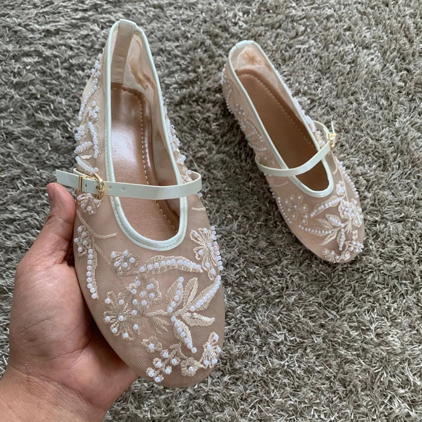 Women Mesh Embroidery Mary Jane Ballet Flats Buckle Breathable Soft Low Heel Shoes