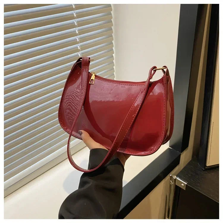 Women Patent Leather Shoulder Bag Fashion Zipper Handbag Style Commuter Bag