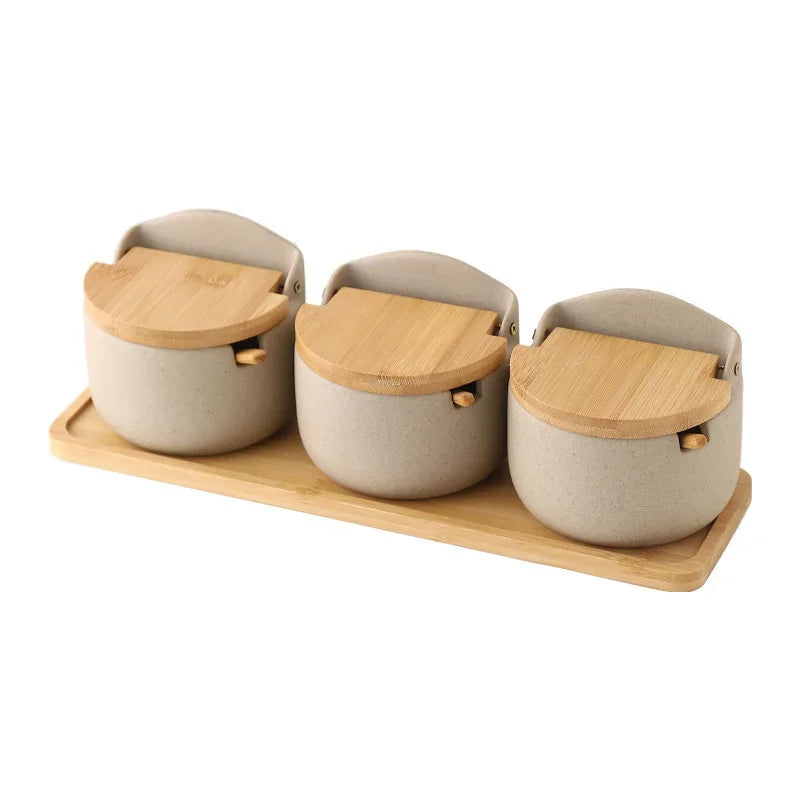 Ceramic Seasoning Jar with Bamboo Lid Spoon Salt Sugar Spice Storage Container