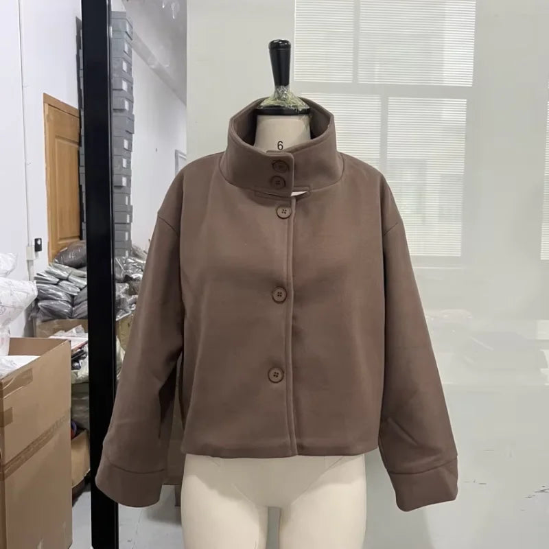 Women Stand Collar Wool Blend Jacket Loose Zip Up Coat