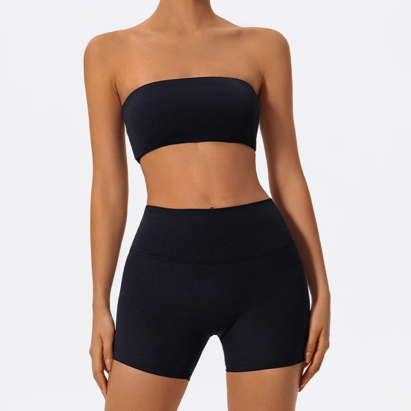 Strapless Gym Set Women Seamless Bandeau Sports Bra High Waist Shorts Workout Outfit