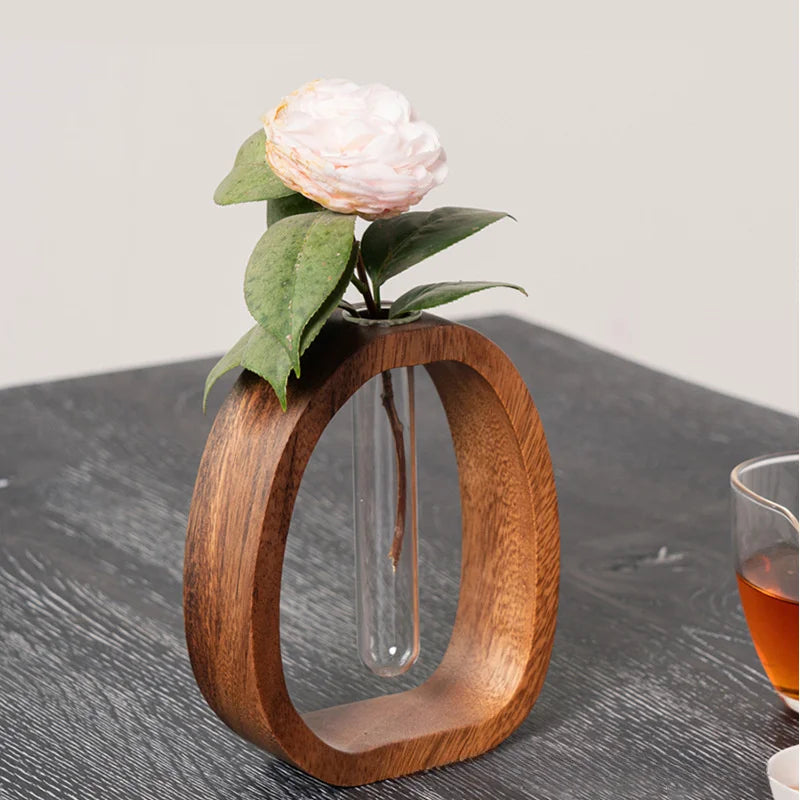 Solid Wood Flower Vase Glass Insert Mini Hydroponic Plant Holder Decor