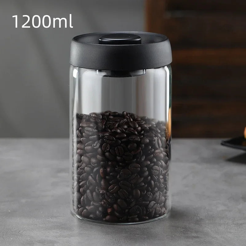 Glass Coffee Bean Storage Jar Vacuum Sealed Moisture Proof Black Lid Canister
